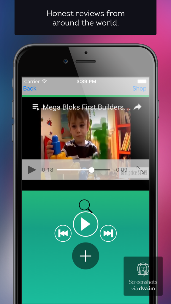 iPhone screenshot of Toy Reviews Source app showing a video review of Mega Bloks toys featuring a young child.