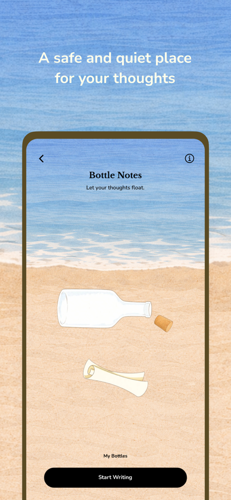 Koda: Cozy Self-Care - The Bottle Notes feature in the Koda app showing a message in a bottle on a serene beach background.