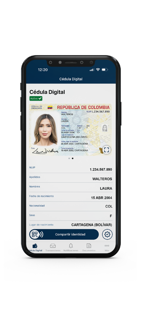 Cedula Digital Colombia - コロンビア国民のデジタル身分証明書がCedula Digitalアプリ内に表示されているスマートフォン。