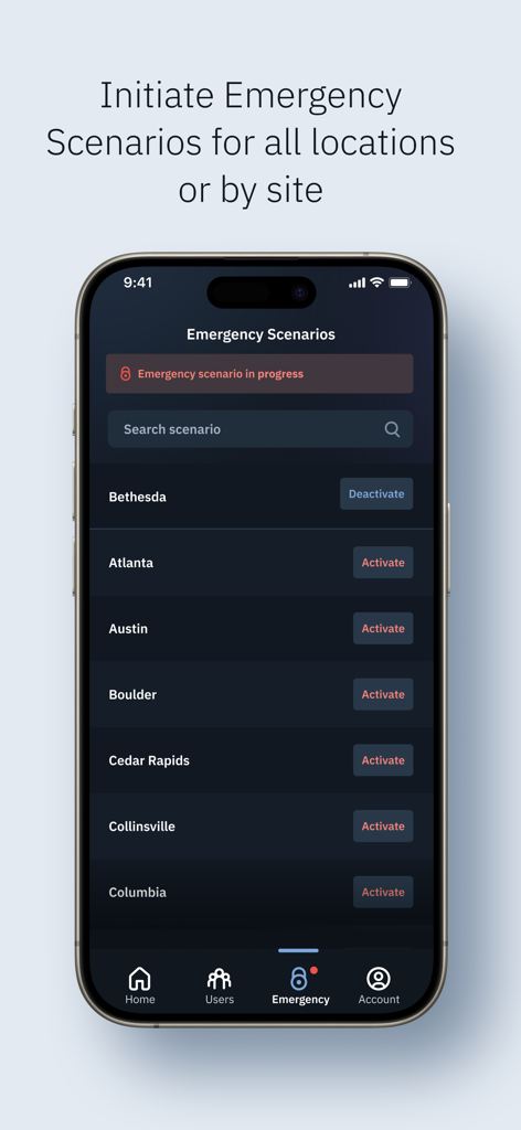 Brivo Access - 여러 위치에 대한 보안 프로토콜을 관리하기 위한 Brivo Access 비상 시나리오 화면
