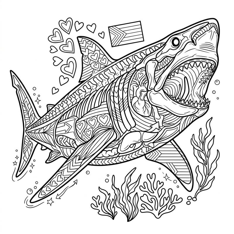 Unleash your creativity with this unique Megalodon anatomy coloring page, intricately designed to celebrate Pride Month. Discover a majestic ancient shark detailed with internal structures, hearts, and symbolic flag elements, waiting for your vibrant touch.