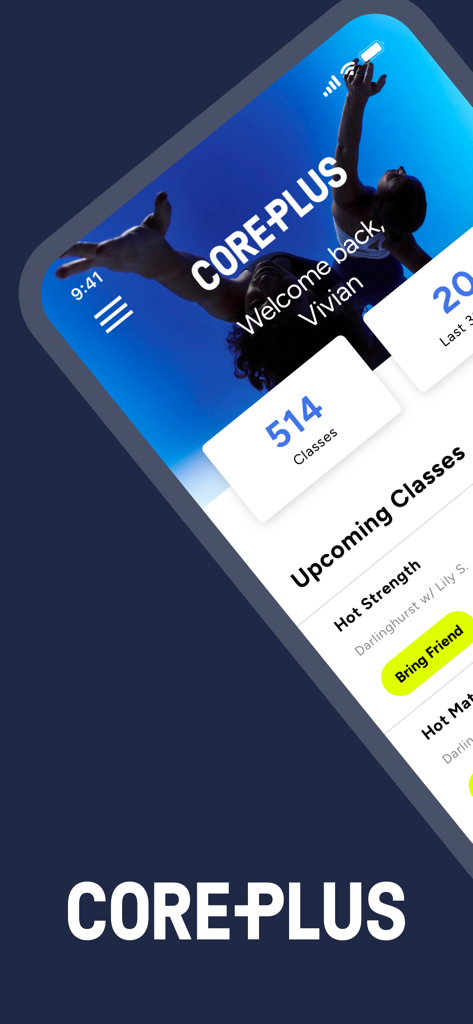 CorePlus 2.0 - CorePlus 2.0 mobile app dashboard showing user welcome message and upcoming fitness classes