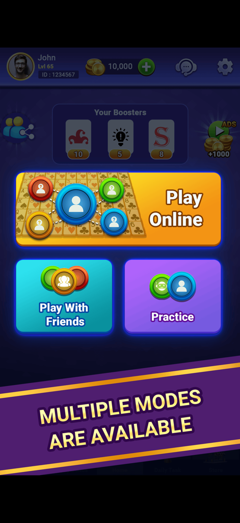 Wild Jacks with Friends - Main menu of the Wild Jacks with Friends app showing buttons for Play Online, Play With Friends, and Practice modes.