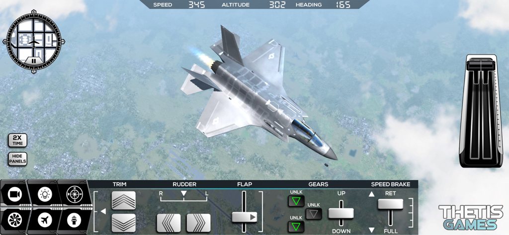 Flight Simulator FlyWings 2017 - A grey fighter jet flying over a city landscape with detailed flight controls and HUD in Flight Simulator FlyWings 2017