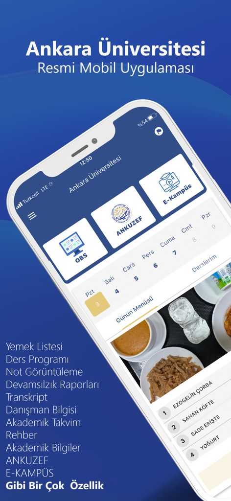 Ankara University official mobile app interface showing the student dashboard with cafeteria menu and academic links.