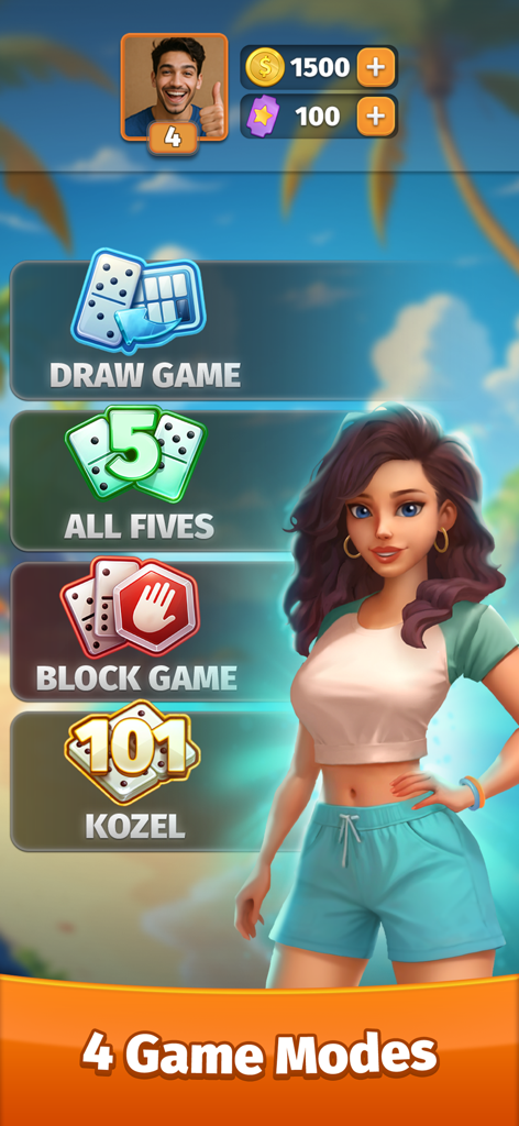 Interfaz de la aplicación Domino online que muestra cuatro modos de juego: Draw Game, All Fives, Block Game y Kozel