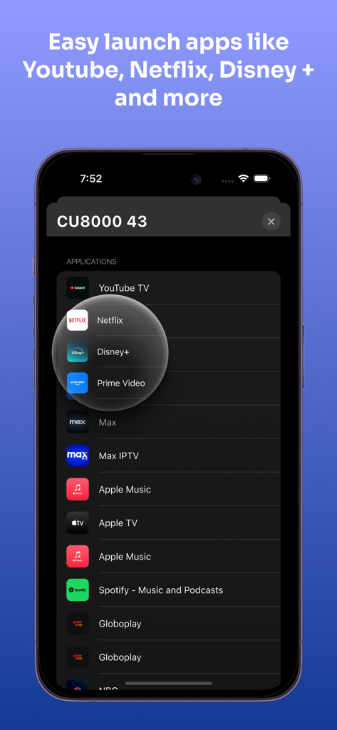 Easy Remote: Remote Control TV - Interfaz de la aplicación Easy Remote mostrando una lista de plataformas de streaming como Netflix y YouTube para lanzamiento con un solo toque en la TV