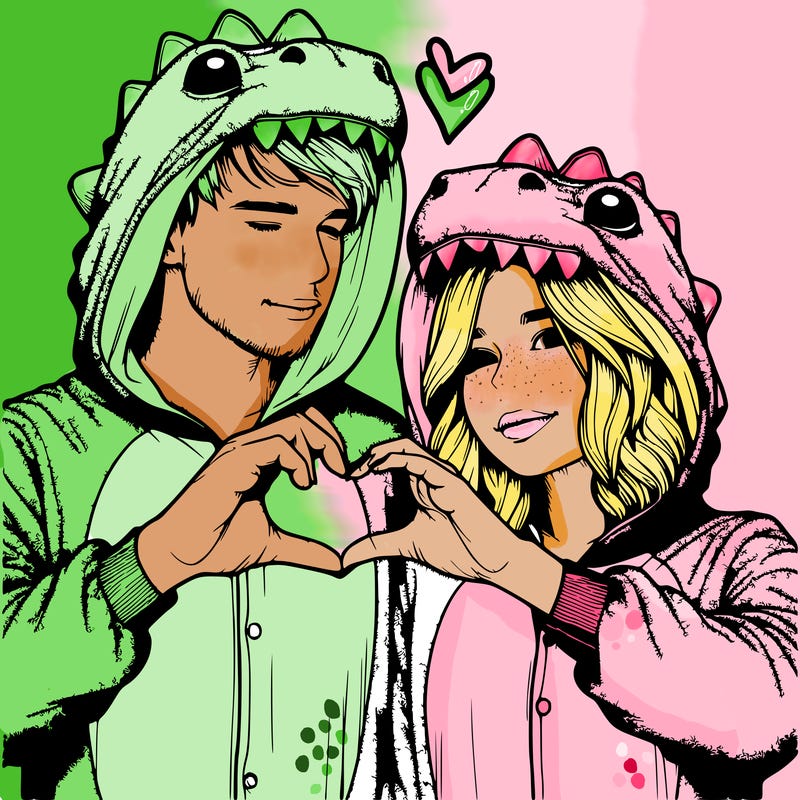 realistic couple wearing matching dinosaur onesies with heart hand gesture