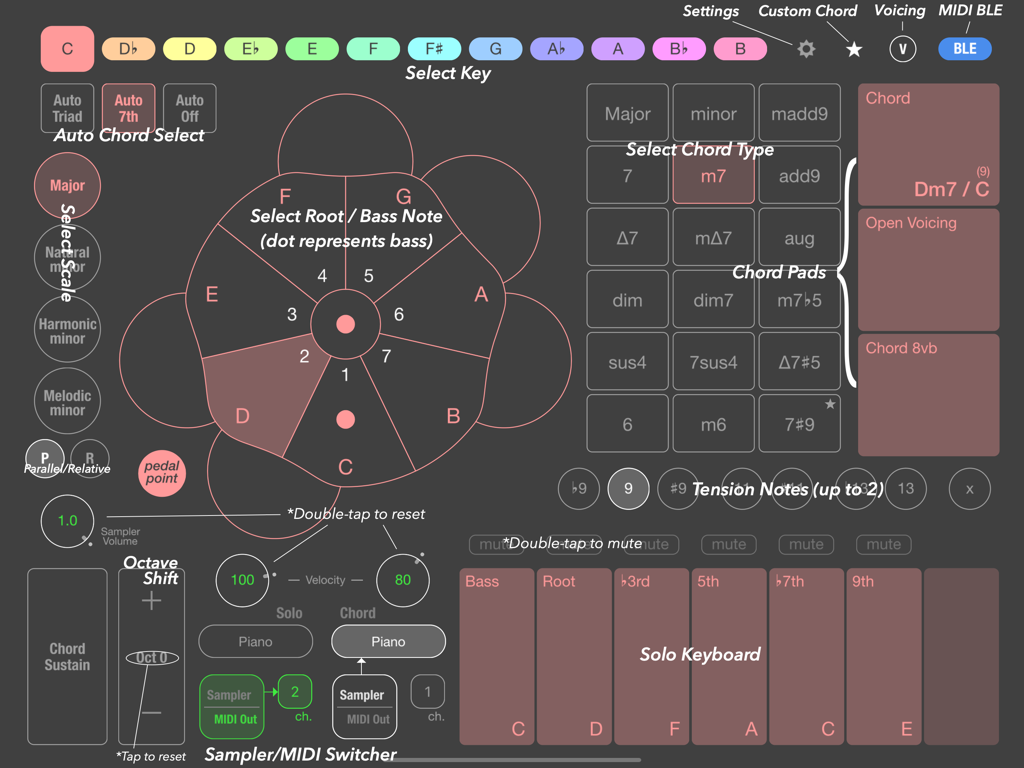 Chordy 2 - Interface of Chordy 2 app on iPad showing chord selection pads, solo keyboard, and MIDI controller settings for songwriters.