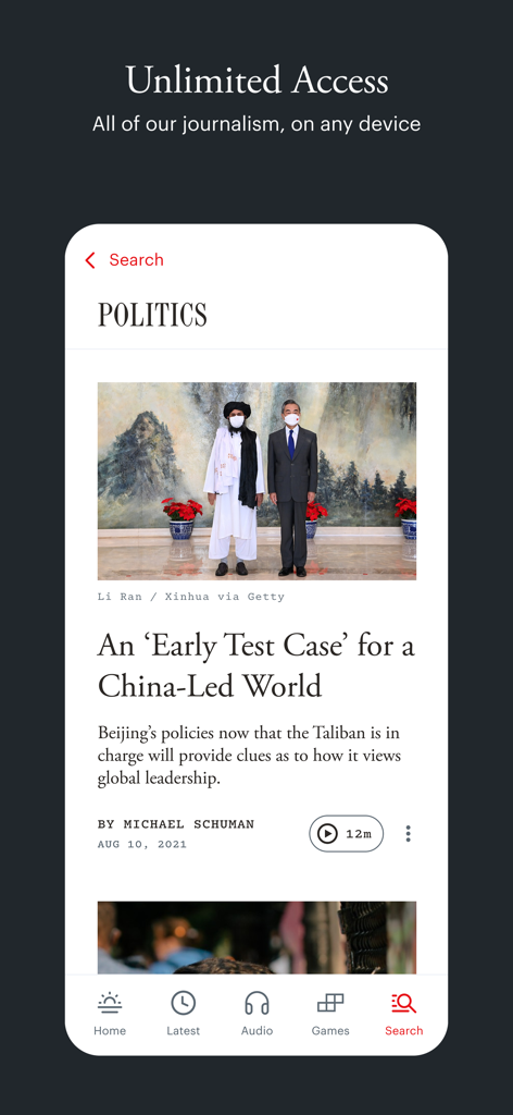 The Atlantic Magazine - Screenshot of The Atlantic Magazine mobile app showing a politics news article titled An Early Test Case for a China Led World with navigation icons at the bottom.