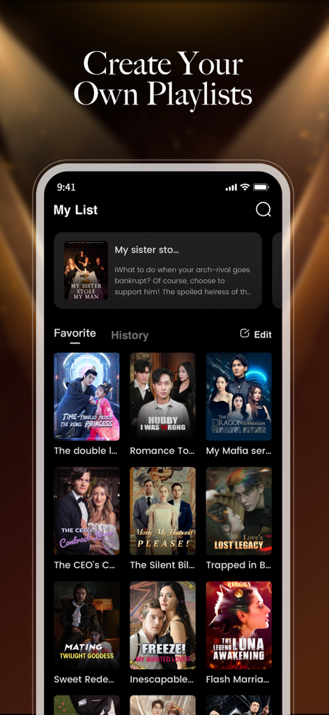 映画のポスターやプレイリストオプションが表示される「マイリスト」画面を表示するHiShortアプリのインターフェース。