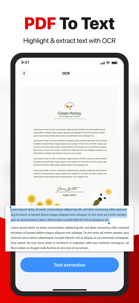PDF Converter -Document Editor - A smartphone interface demonstrating the PDF to text feature with OCR and text extraction capabilities.