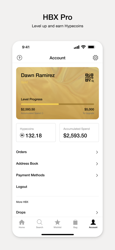 HBX | Globally Curated Fashion - Tableau de bord du compte HBX Pro affichant le statut d'adhésion et les points de fidélité
