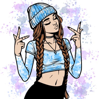 realistic teenage girl with braids and a beanie and crop top doing 🫶🏼