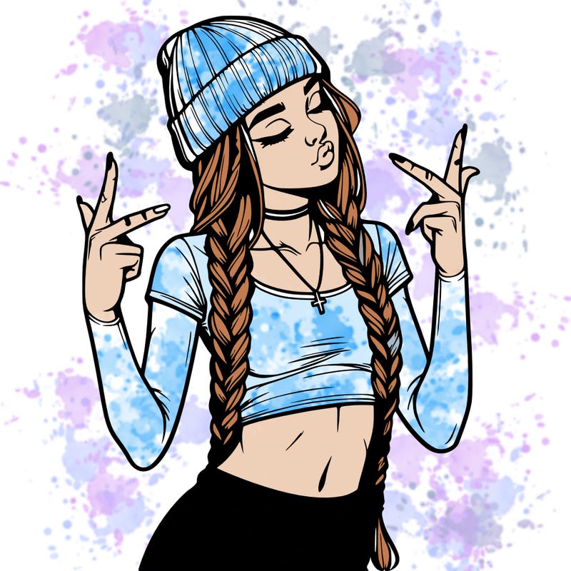 realistic teenage girl with braids and a beanie and crop top doing 🫶🏼