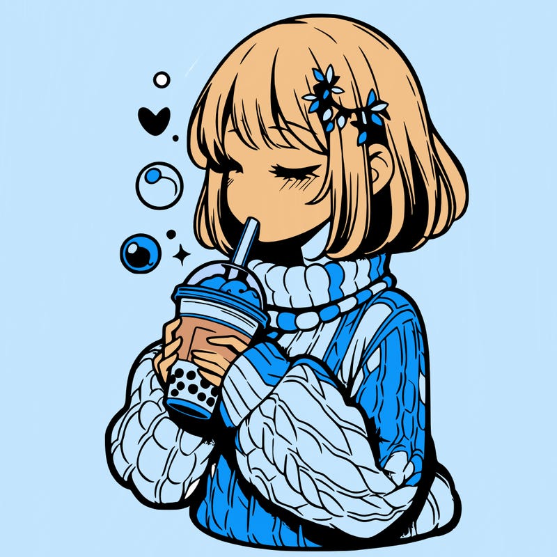 manga girl drinking boba in cozy sweater