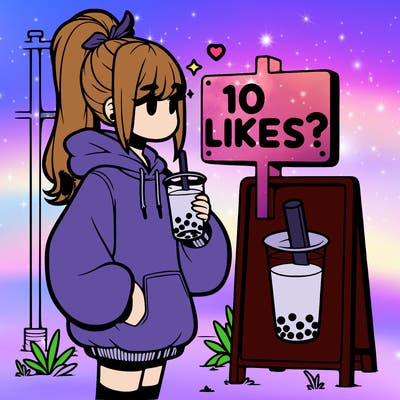 girl with oversized hoodie drinking boba and she has a high ponytail with a sign that says 10likes?