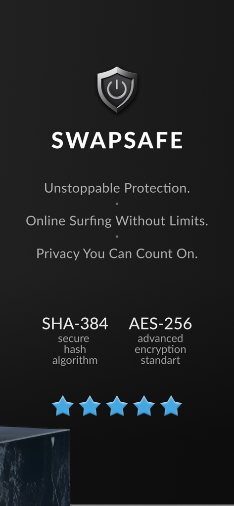 Interfaz de la aplicación Swapsafe mostrando la protección de la privacidad y los estándares de cifrado SHA-384 y AES-256