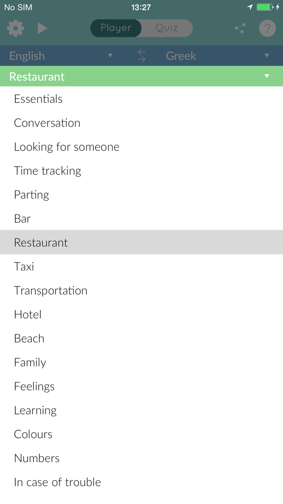 Liste der Reisekategorien in der Audio-Reisesprachführer-App von Loecsen, einschließlich Restaurant, Taxi und Hotel