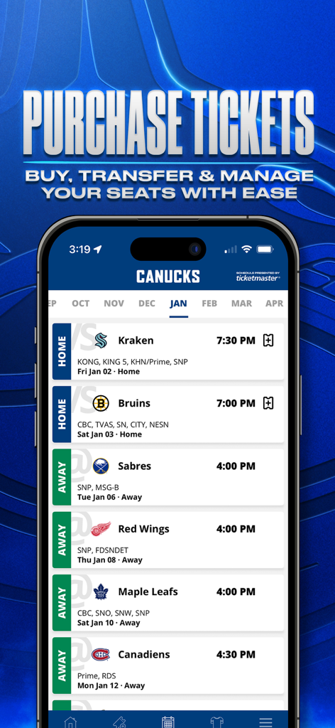 Canucks - Canucks official app screen showing January game schedule and ticket purchase options