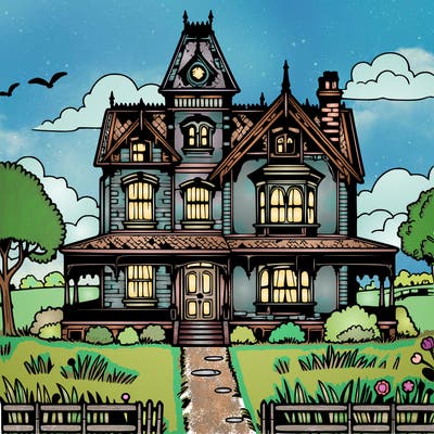 victorian house with beautiful sky and a field with trees