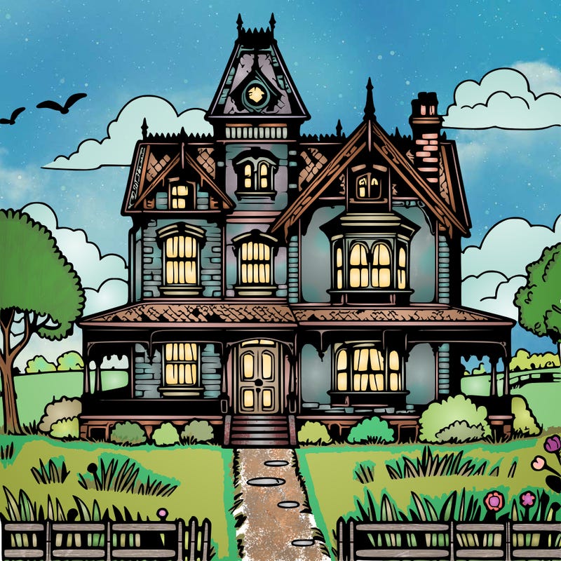 victorian house with beautiful sky and a field with trees