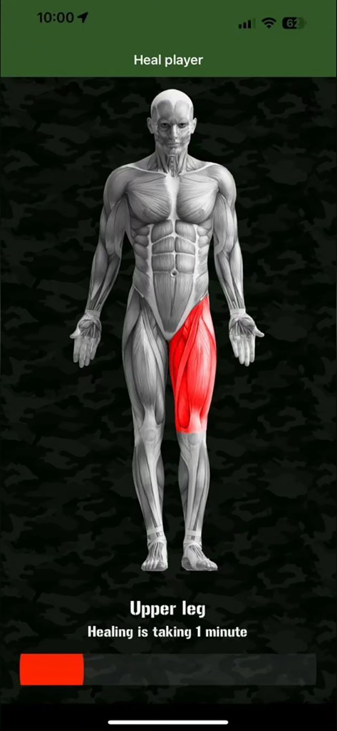 Ares Alpha app screen displaying a tactical player healing process with an anatomical diagram highlighting the upper leg
