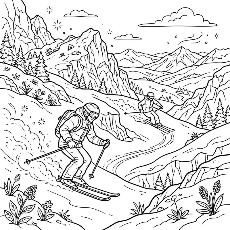 Embrace the spirit of the slopes with this exhilarating coloring page featuring freeride skiers amidst stunning mountain scenery. Discover the beauty of spring on the snow as you bring this dynamic alpine adventure to life.
