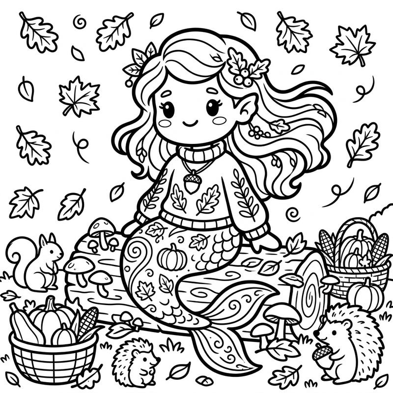 Discover the magic of autumn with this delightful Kawaii merfolk coloring page. This charming design combines cute underwater fantasy with cozy fall themes, perfect for a relaxing creative session.