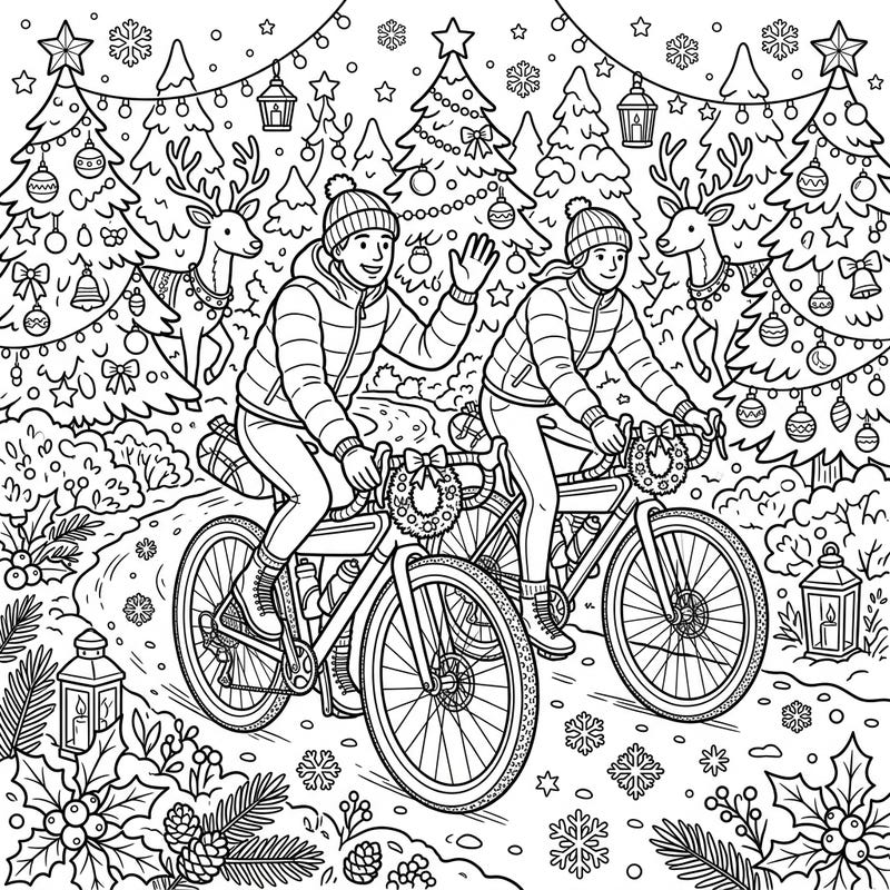 Embark on a unique holiday journey with this delightful coloring page featuring adventurous gravel cyclists. Two joyful riders navigate a winter wonderland filled with festive Christmas cheer and sparkling snowflakes.
