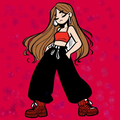 girl in baggy pants crop top and long hair