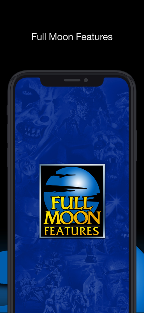 Full Moon Features - Écran d'accueil de l'application Full Moon Features avec un collage de personnages de films d'horreur cultes et le logo officiel