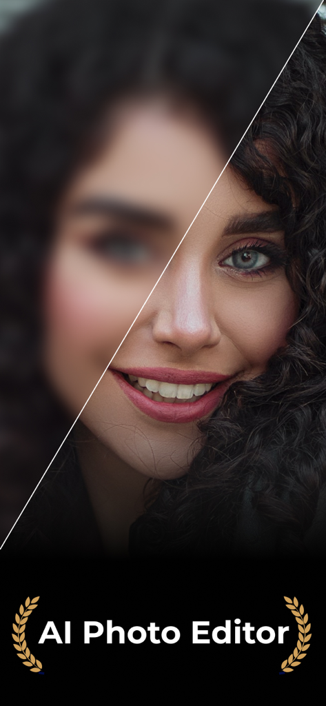 AI Enhancer: Enhance Photo App - Comparación dividida antes y después de un retrato borroso transformado en un rostro claro de alta definición usando el mejorador de IA