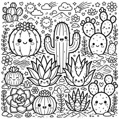 This coloring page brings together the resilient beauty of desert flora with the irresistible charm of the Kawaii art style. Discover a vibrant collection of smiling cacti, succulents, and desert motifs, all waiting for your creative touch.