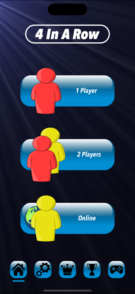 4 In A Row Board Game Connect - Main menu of 4 In A Row board game with options for 1 player, 2 players, and online modes.