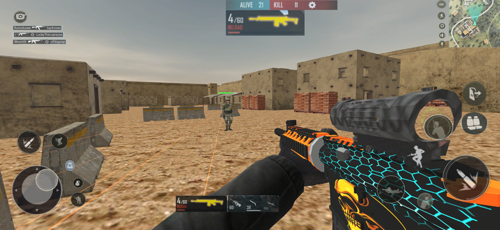 First person view of a soldier with a customized tactical rifle in a desert combat zone