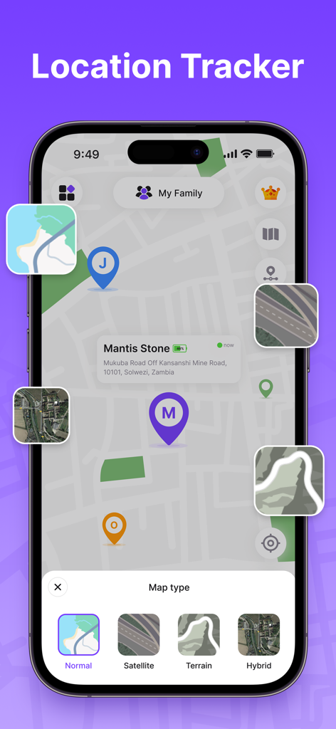 Findmykids - GPS Phone Tracker - SafeTrack mobile app interface showing different map view options including satellite and terrain for family GPS tracking