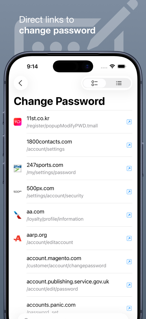 Interface showing direct links to change password pages for multiple websites