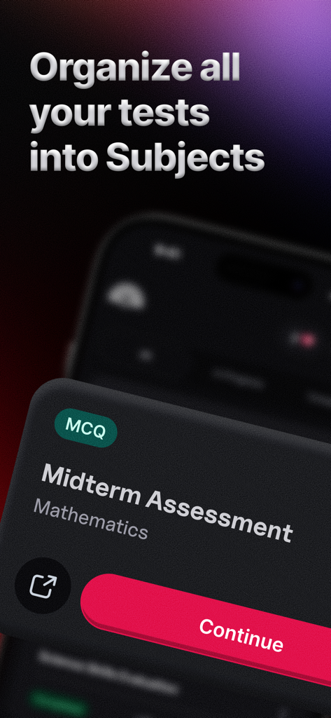 Testopia: AI Quiz & Flashcards - Interfaz de la aplicación demostrando la organización de exámenes en materias con una tarjeta de evaluación de examen parcial de matemáticas.