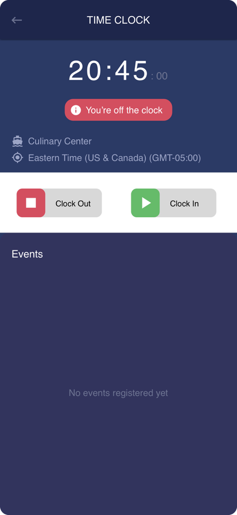 The Apollo Group - CrewApp - Time clock interface in the Apollo CrewApp showing the current time and buttons to clock in or out