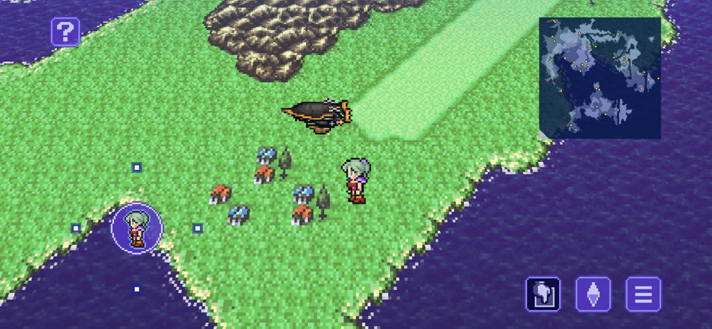 FINAL FANTASY VI - Final Fantasy VI Pixel Remaster Oberwelt-Gameplay mit Terra und einem Luftschiff auf einer grasbewachsenen Landschaft.