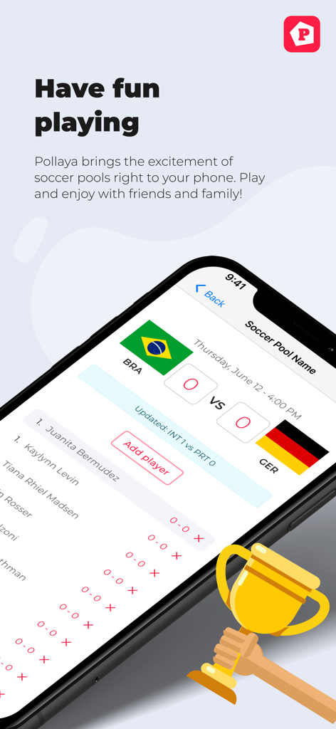 Pollaya - Interfaccia dell'app Pollaya che mostra un gruppo di pronostici calcistici tra Brasile e Germania con un elenco di giocatori e un trofeo