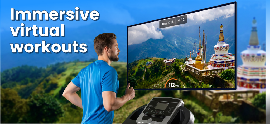 A man running on a treadmill using BitGym for an immersive virtual workout with a scenic mountain view.