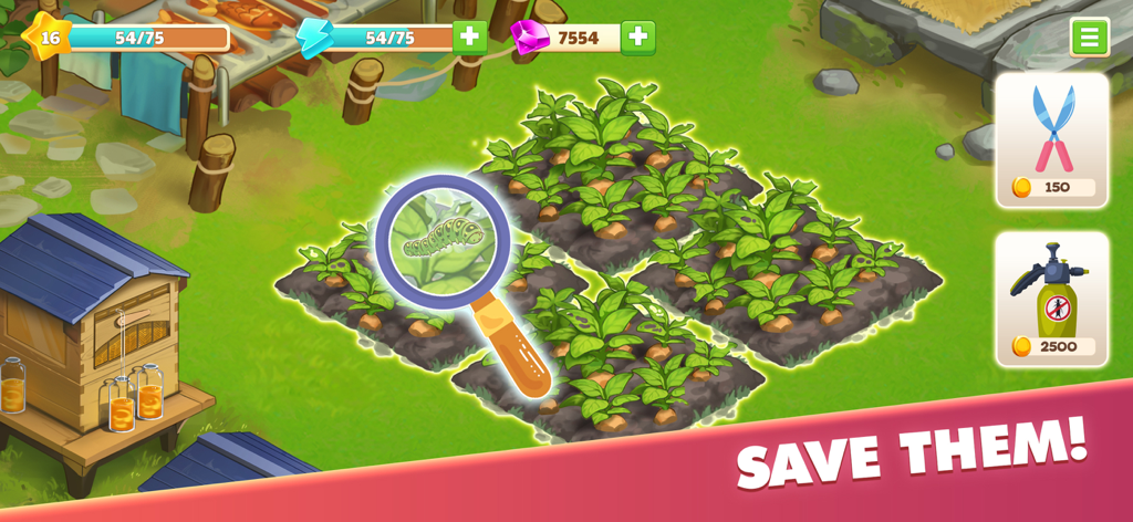 Family Journey: Island Life - Gameplay screenshot showing a magnifying glass identifying a caterpillar on farm crops with tools to save the plants.