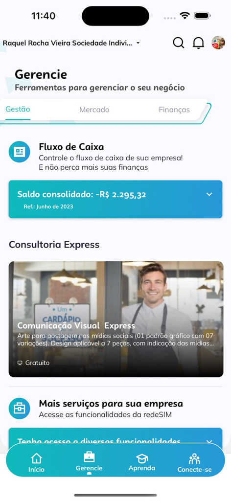Sebrae - Der Verwaltungsbildschirm der Sebrae-App zeigt Cashflow-Tools und Geschäftsdienste auf Portugiesisch an.