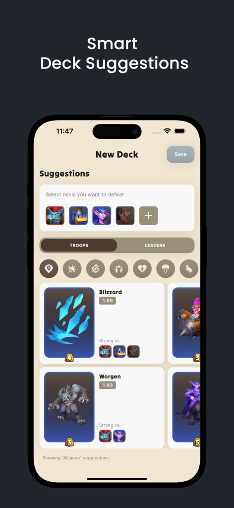 Decks for Warcraft Rumble - Smart deck suggestions screen in the Decks for Warcraft Rumble app showing unit counter picks and recommendations for a new deck.