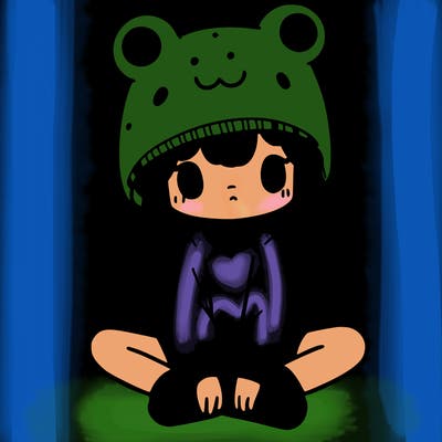 a girl wearing a frog hat and some frog socks