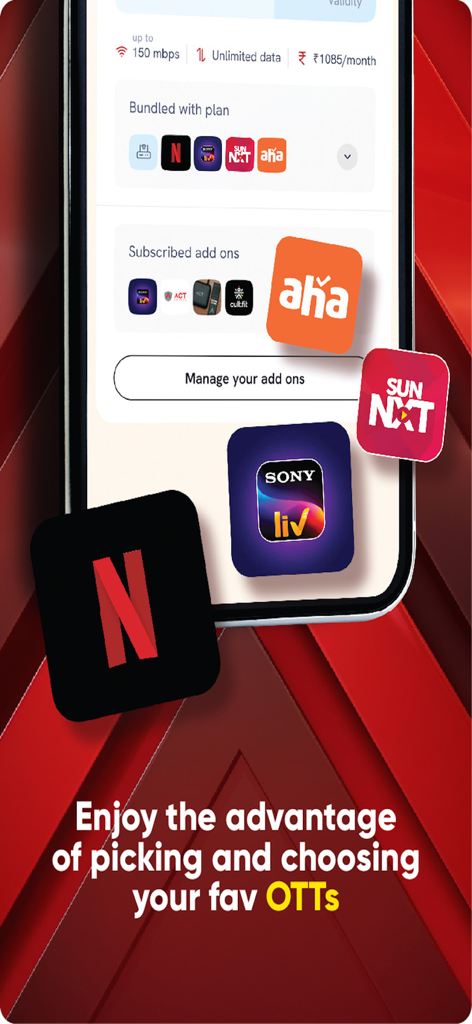 Interface de l'application ACT Fibernet présentant les abonnements OTT groupés incluant Netflix, Sony LIV et Sun NXT.