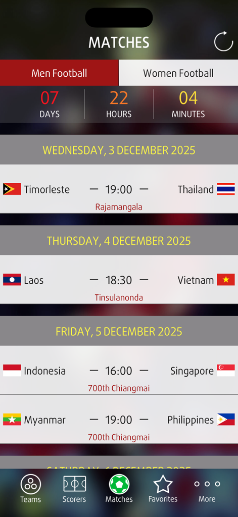 Scores for SEA Games 2025 - The match schedule screen for the SEA Games 2025 app displaying upcoming football games and a countdown timer