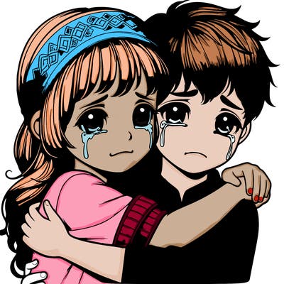 realistic boy and girl hugging and crying